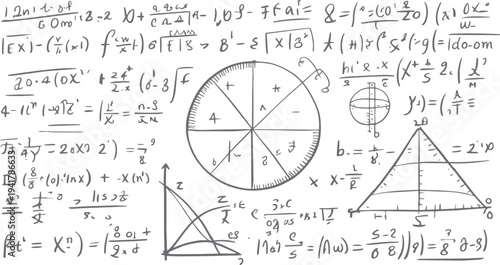 Hand drawn mathematical equations and geometric shapes on white background mathematics formula 1 science