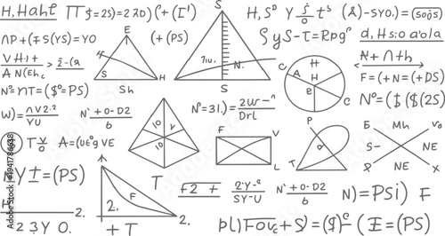 Hand drawn mathematical formulas and geometric shapes on white background mathematics equation geometry