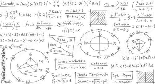 Handwritten mathematical equations and diagrams on a white background with dark gray ink mathematics