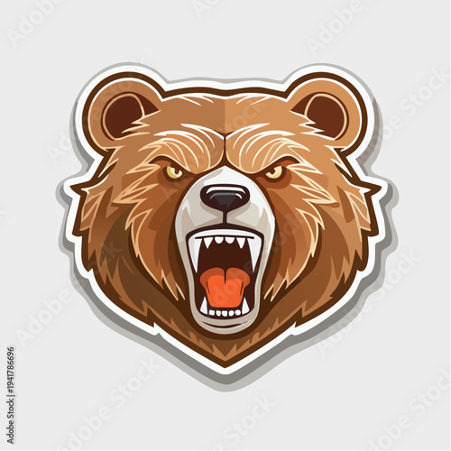Stylized Graphic Illustration of an Aggressive Roaring Grizzly Bear Head Emblem with Open Mouth and Sharp Fangs