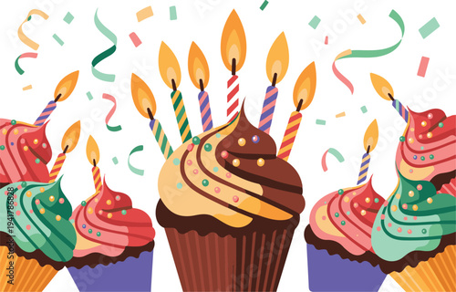 Birthday celebration cupcakes lit candles colorful confetti festive background