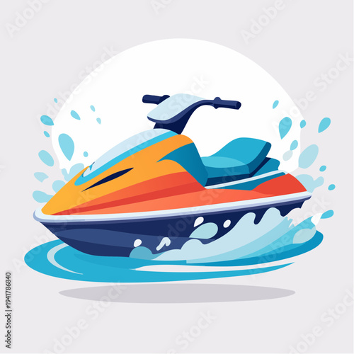 Vibrant Vector Illustration of a Personal Watercraft (Jet Ski) Speeding Across Water with Dynamic Splashes