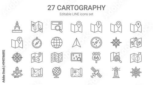 27 Cartography and Navigation Line Icon Set - Minimalist Vector Illustrations of Maps, Globes, Compasses, and GPS Travel Symbols for Web and Graphic Design