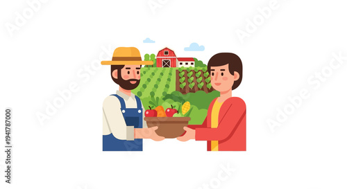 Flat Illustration of Farmer Sharing Harvest with Customer. Local Organic Food and Fresh Produce Market Concept.