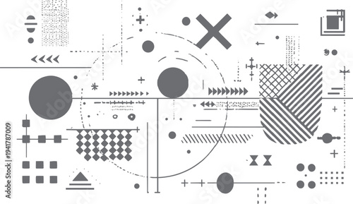 Geometric abstract pattern with circles squares crosses and lines in shades of grey and white shapes