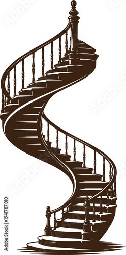 Elegant Spiral Staircase Illustration, Vintage Curved Stairway Architectural Design.
