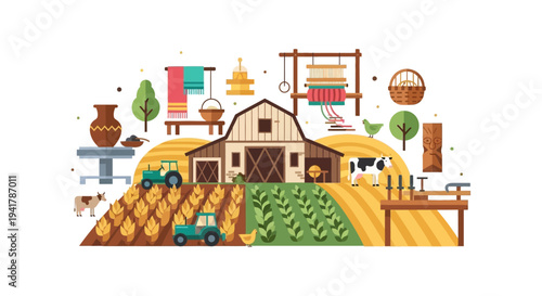 Local Production and Artisan Economy Concept Illustration. Flat Design Vector of Farm, Barn, Agriculture, Handicrafts, and Rural Life.