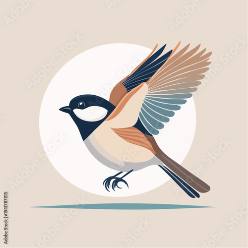 Charming chickadee in flight, captured in a whimsical illustration with muted tones