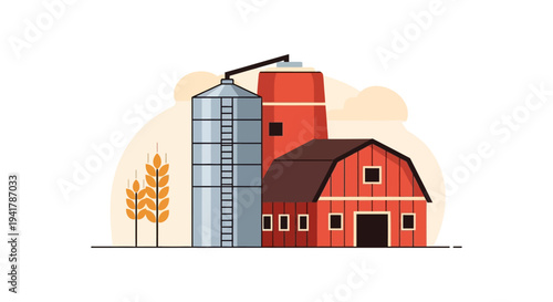 Farmstead Vector Illustration: Red Barn, Grain Silo, and Wheat Harvest. Rural Agriculture Building Complex in Flat Design Style.