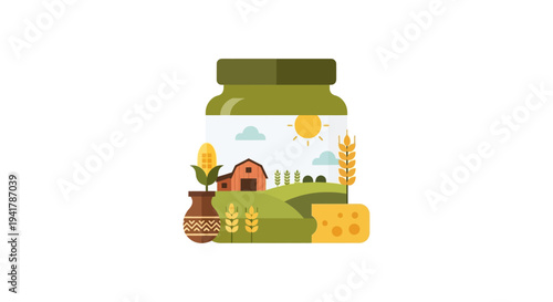 Flat Design Illustration of Farm-to-Table Concept Inside a Jar. Organic Food, Fresh Produce, Barn, Wheat, Corn, and Cheese on White.