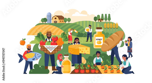 Agriculture and Food Production Concept. Diverse Farmers Holding Harvested Products (Fish, Bread, Cheese, Honey) Flat Vector Illustration