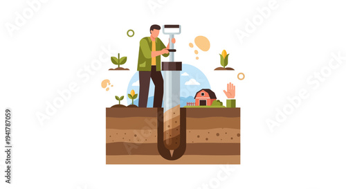 Agricultural Scientist Taking Soil Core Sample for Soil Testing and Research. Farmer Analyzing Earth Layers and Strata Illustration.