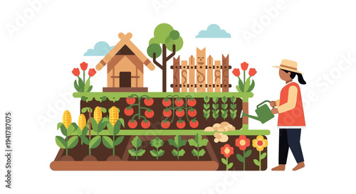 Flat Illustration of Woman Gardener Watering Organic Vegetable Garden with Raised Beds, Fresh Tomatoes, and Corn.