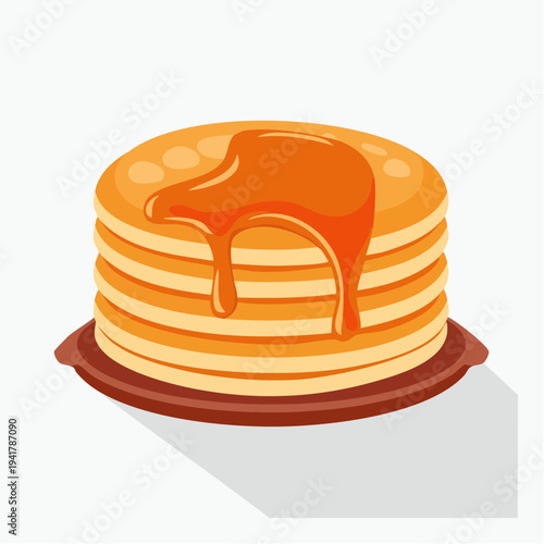 Illustration of a Delectable Stack of Golden Pancakes with Sweet Maple Syrup Drizzle on a Ceramic Plate, Ready for a Morning Meal
