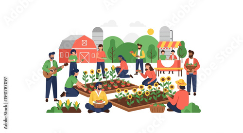 Diverse Group of People Gardening, Planting, and Harvesting Crops at a Community Farm or Urban Garden with a Local Market Stand