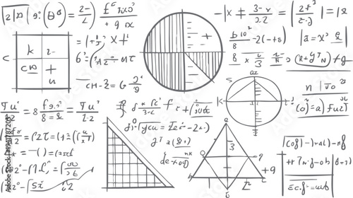 Hand drawn mathematical equations and geometric shapes on white background mathematics formula 2 geometry