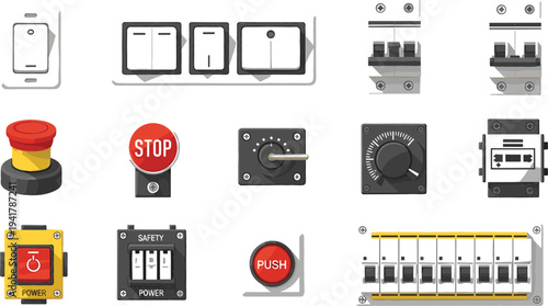 Industrial Control Panel Switches Vector Set with Emergency Stop Button, Circuit Breakers, Power Switches and Electrical Control Elements