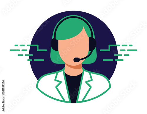Customer service representative vector icon with green hair and headset, ideal for support, communication, and call center concepts in modern flat design.