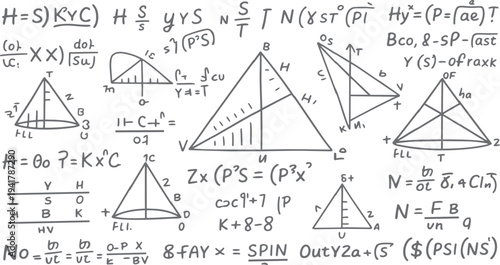 Hand drawn mathematical equations and geometric shapes on white background mathematics formula 3 geometry