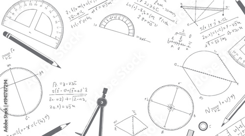 Geometric shapes and mathematical equations with tools on a white background geometry mathematics education