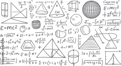 Hand drawn geometric shapes and complex mathematical equations on a white background science education