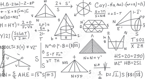 Hand drawn geometric shapes and mathematical equations on a white background mathematics geometry 1