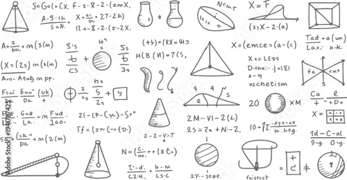 Hand drawn mathematical equations and geometric shapes on white background mathematics formula 4 geometry