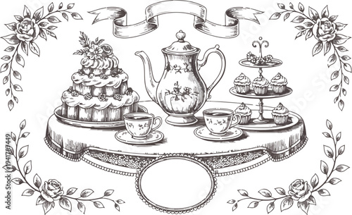 Tea party set up with cake and pastries decorated floral elements