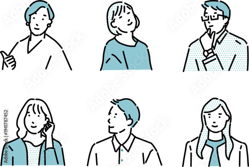 ビジネスパーソンの男女アバター上半身ーオシャレシンプル線画アイコンセットベクターイラスト素材