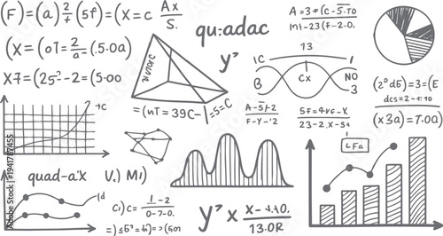 Hand drawn scientific formulas graphs and geometric shapes on white background math science education