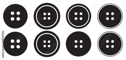 Round black sewing buttons icon set, classic clothing fasteners silhouette. vector illustration eps 10