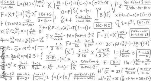 Hand drawn mathematical equations and formulas on a white background mathematics science