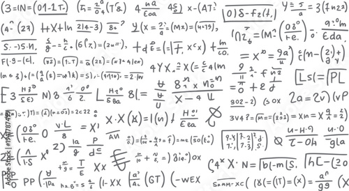 Hand drawn mathematical equations and formulas on a white background with grey ink mathematics science