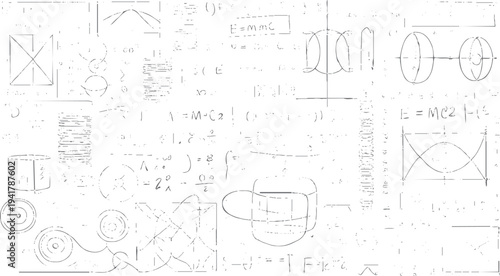 Hand drawn scientific diagrams and equations on a white background with grey lines and dots representing physics and mathematics concepts