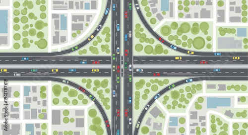 Aerial View of a Highway Interchange with Traffic and Green Spaces.