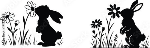 Rabbit silhouettes smelling flowers garden animal illustration