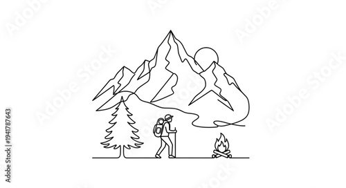 Hiker Exploring Mountain Landscape with Trees and Peaks.