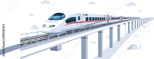 High Speed Train Vector Illustration with Modern Bullet Train on Elevated Railway Bridge Transportation Concept