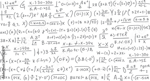 Handwritten mathematical equations and formulas in grey ink on white background with various symbols and variables