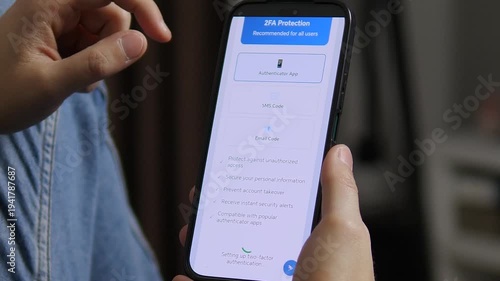 User enables two factor authentication on smartphone, choosing secure verification method and activating advanced protection. Modern cybersecurity concept for fintech apps, online banking and digital
