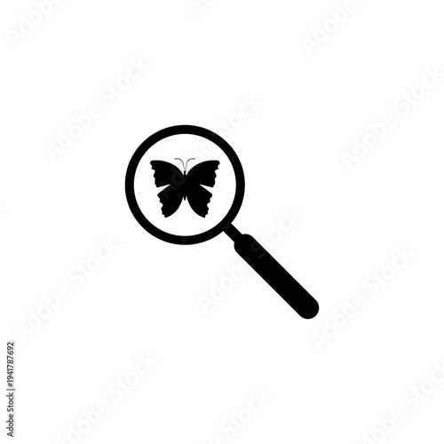 Minimal flat illustration of a magnifying glass isolated on a light background. Butterfly. Clean simple design suitable for web, mobile and presentation use. 