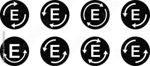 Eight black circular icons with white e and arrows isolated on transparent background
