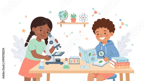 Students engaged in science education with microscope and book in classroom