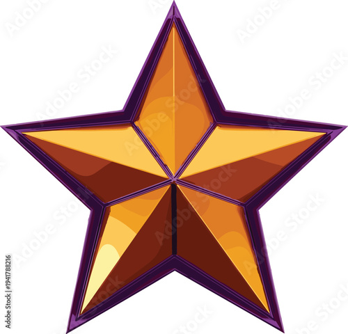 Golden three dimensional star vector icon with purple border for achievement awards rating success excellence and high quality performance recognition