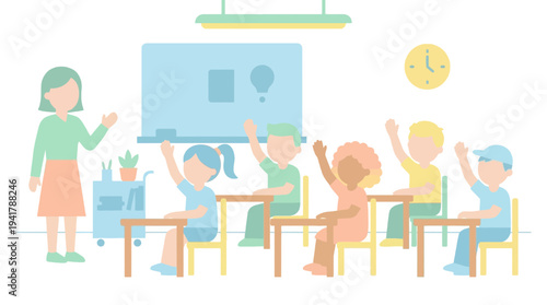 Teacher leads students in interactive education session with raised hands