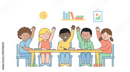 Students sitting at a table raising hands in an education setting
