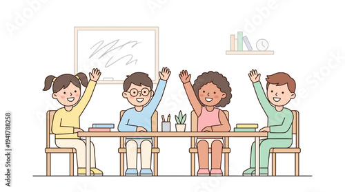 Students in classroom setting enthusiastically participate in education with teacher