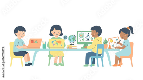 Students sitting at a table studying and learning with laptops and books in a classroom setting for education