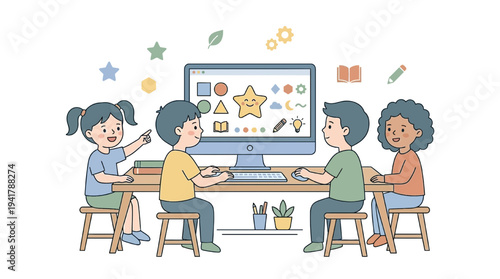 Students sitting at desks studying and discussing education on computers