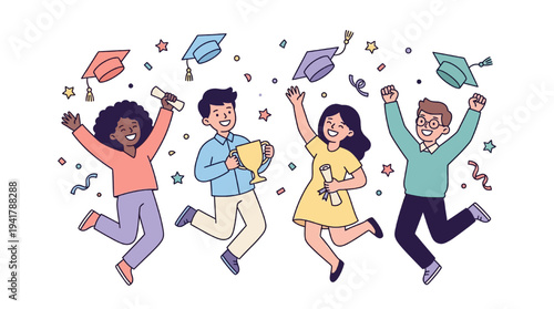 Students celebrate education with graduation caps in the air happily